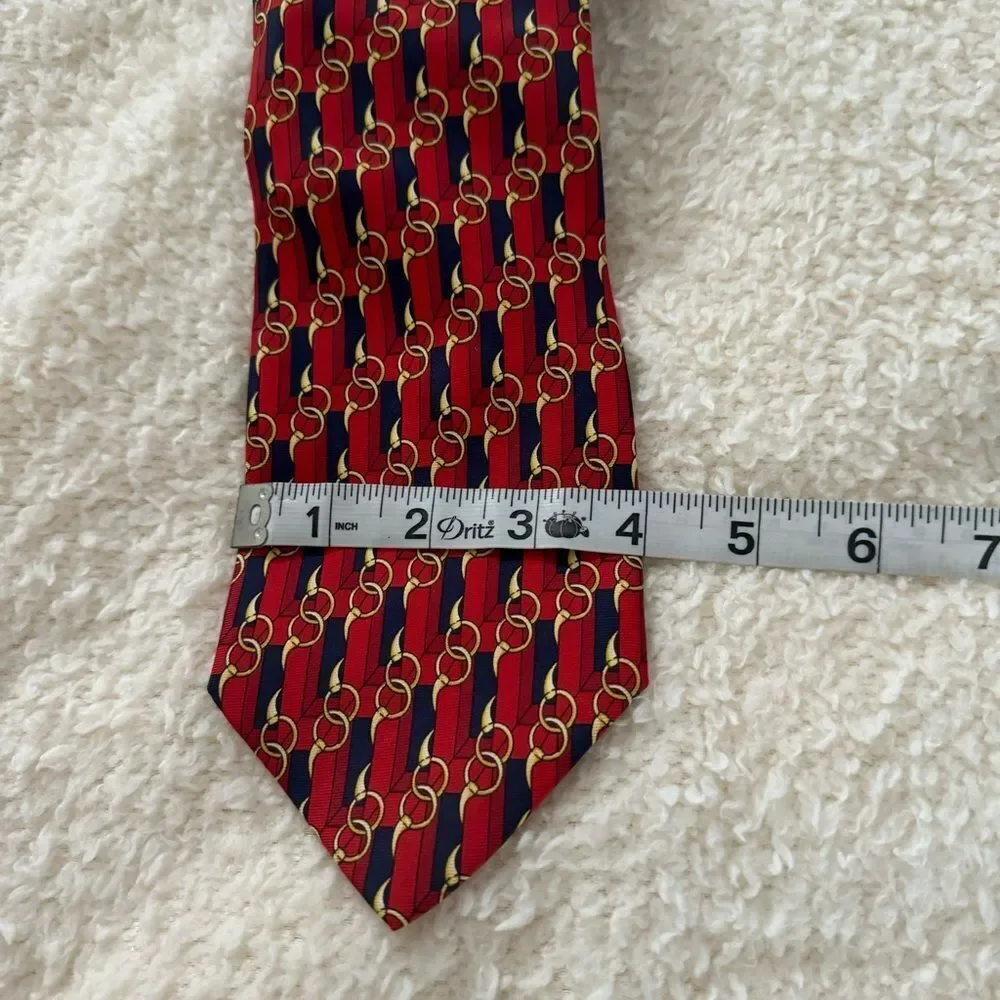 Vintage Paolo Gucci Red Navy Horse Bit Pattern Print Silk Made In Italy Tie